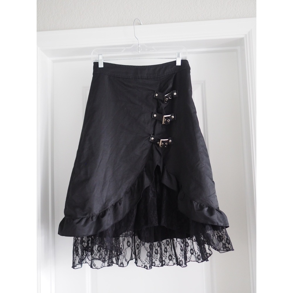 Charmian Steampunk Gothic Lolita Black Lace High Low Buckle Skirt S piratecore